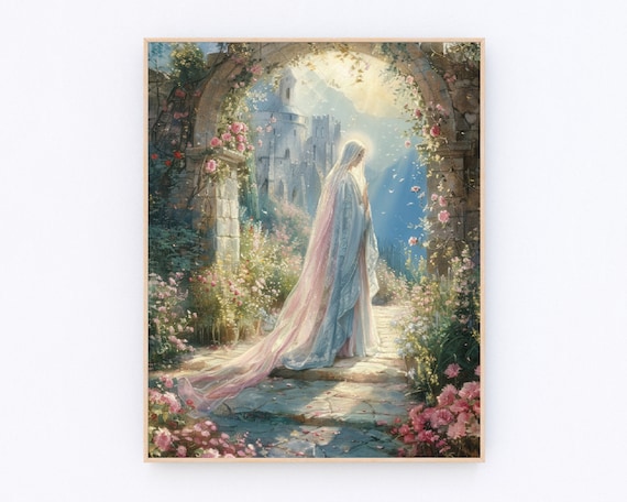 Virgin Mary Rose Garden Stone Arch Castle Christian Prayer Art Poster