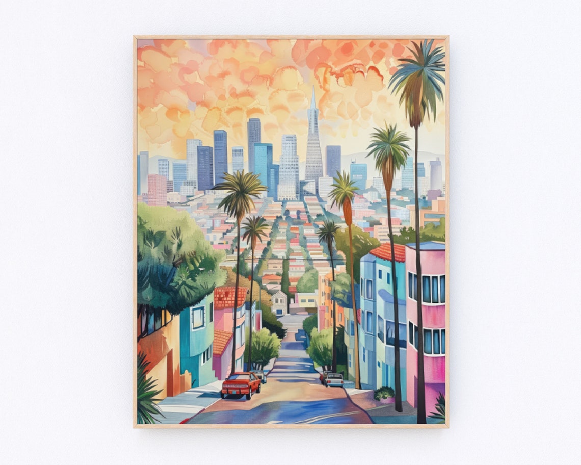 Los Angeles Palm Street Downtown Skyline Sunset Watercolor Poster