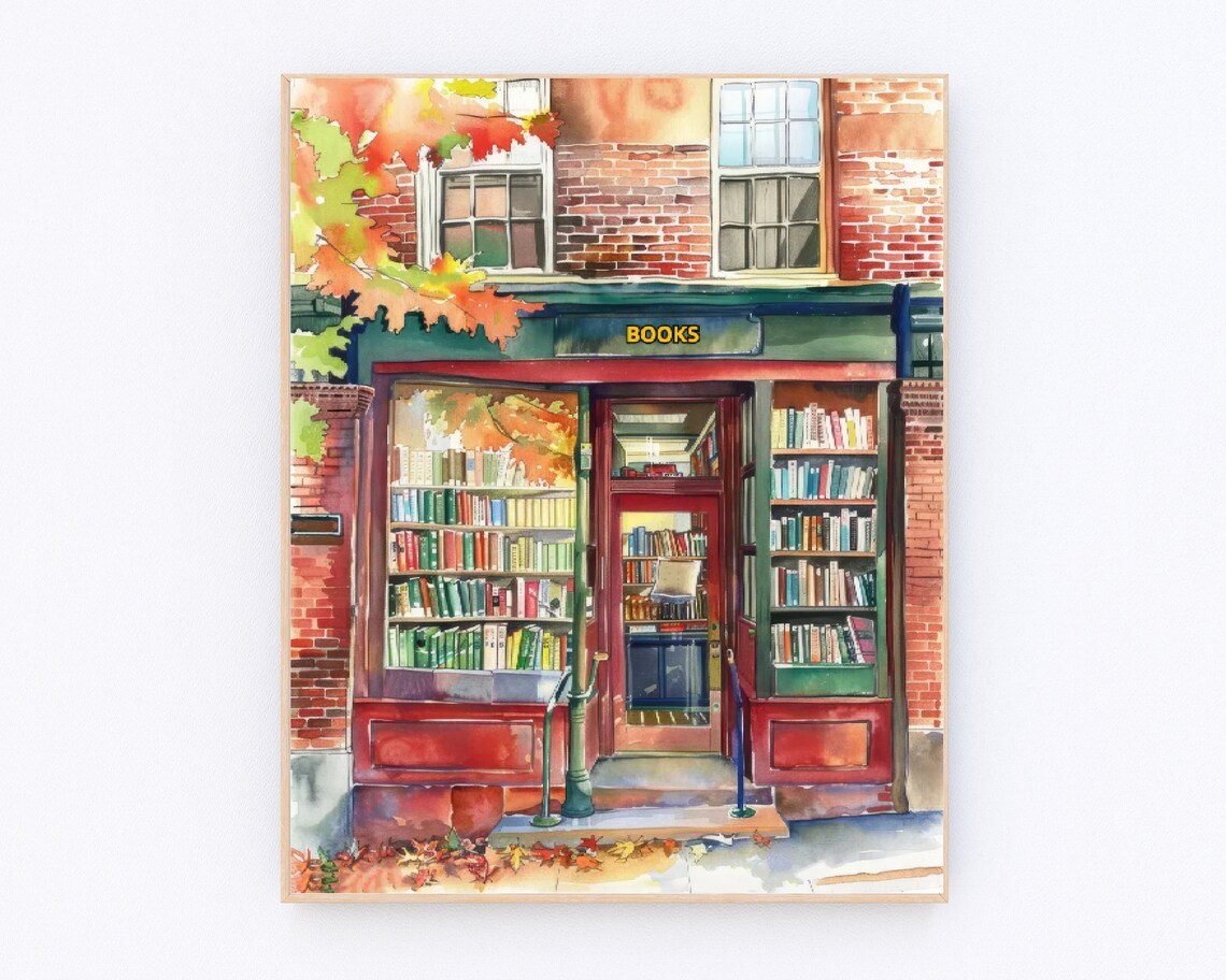 New York Bookshop Storefront Books Sign Autumn Watercolor Poster