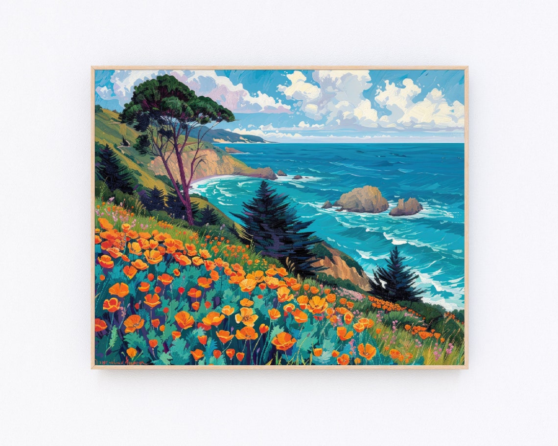 Big Sur Painting California Poppy Watercolor Painting California Landscape Print Usa Travel Poster Travel Gift P591