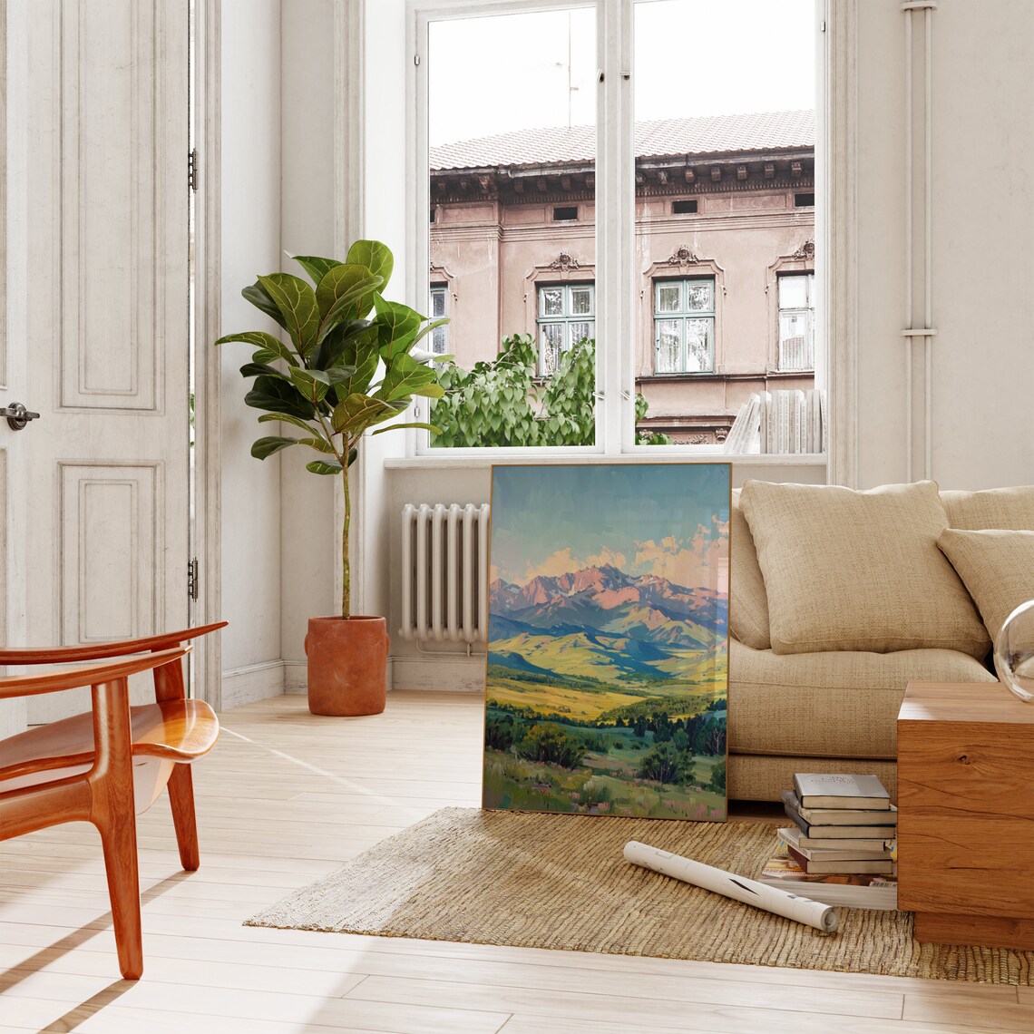 Golden Valley Mountain Peaks Oil Painting Landscape Wall Poster - Image 2