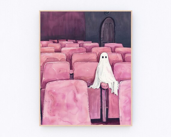 Cute Ghost in Pink Theatre Seats Pastel Halloween Art Poster