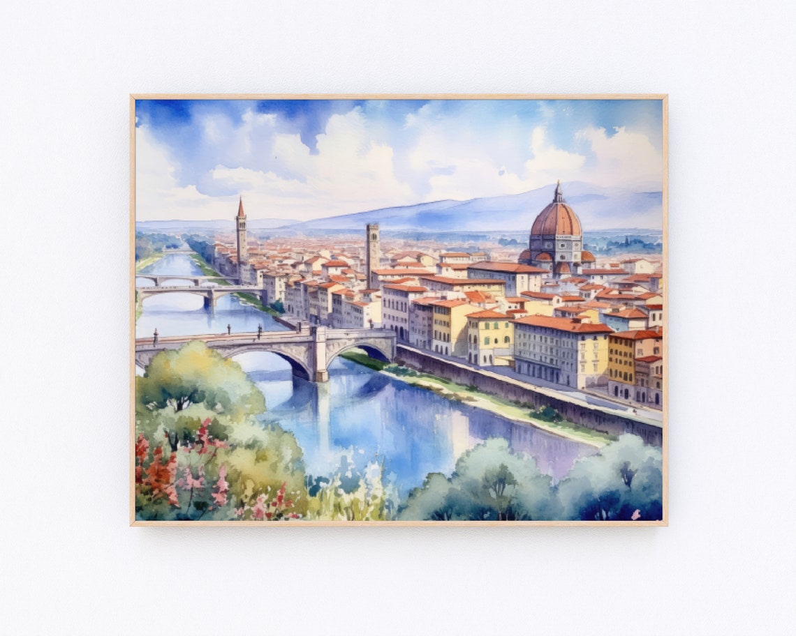 Florence Panorama Watercolor with Cathedral Dome and Arno River Poster