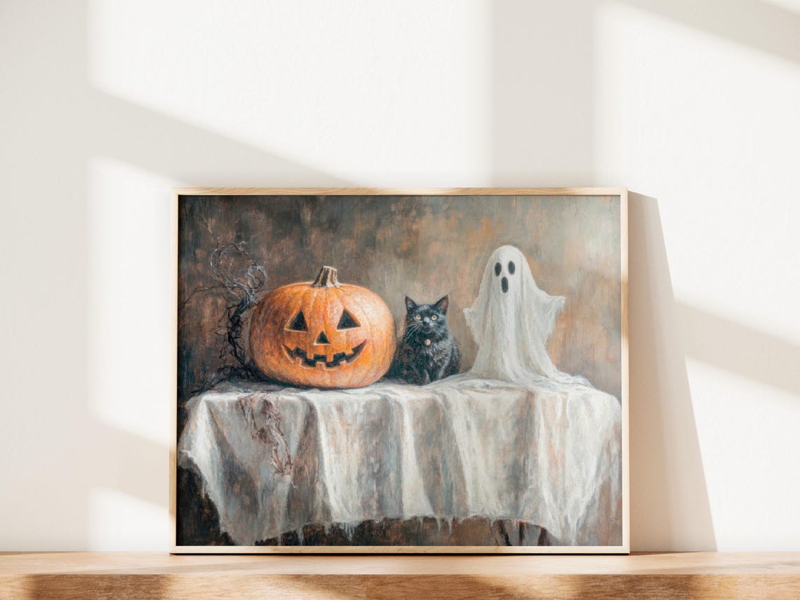 Cute Ghost Black Cat Jack-O-Lantern Halloween Still Life Poster - Image 2