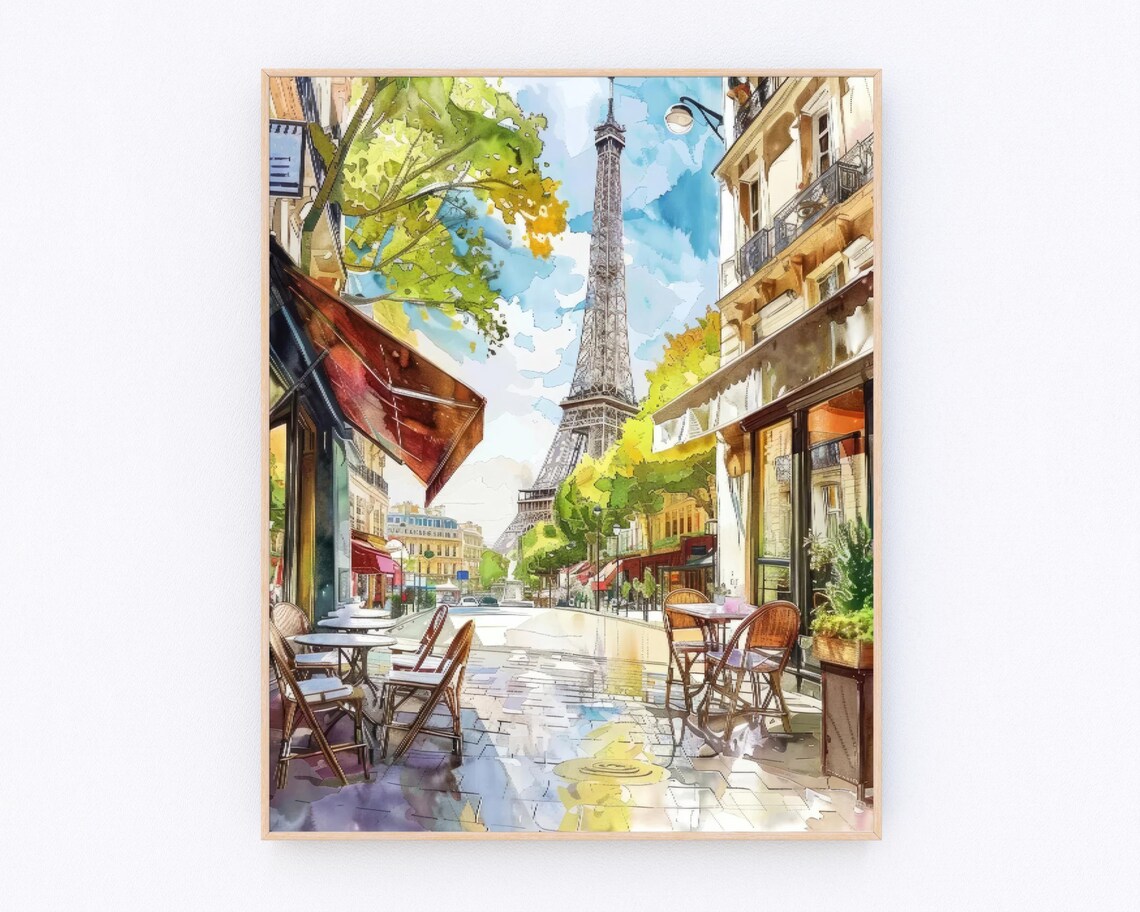 Paris Cafe Street Eiffel Tower Watercolor Europe Travel Poster