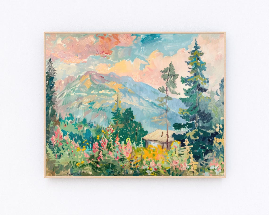 Mountains And Wildflowers Painting Mountain Landscape Mountain Oil Painting Forest Painting Floral Artwork Lake Landscape Print P666