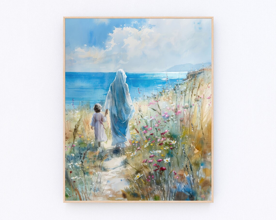 Mother Mary and Jesus Beach Poster, Christian Prayer