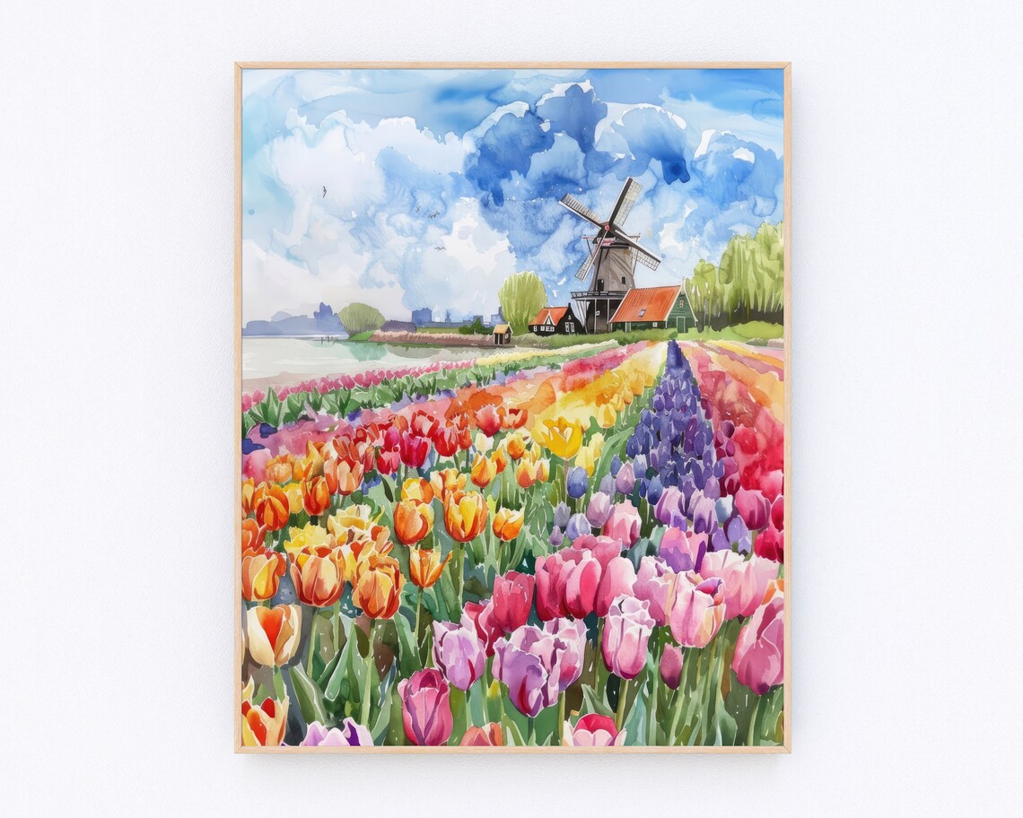 Amsterdam Tulip and Windmill Netherlands Travel Poster