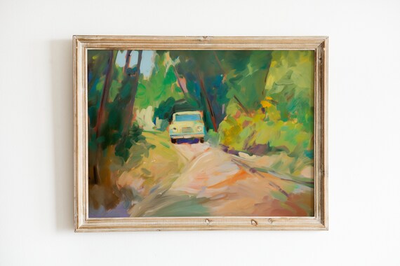 Retro Car Print, Green Summer Lake House Decor