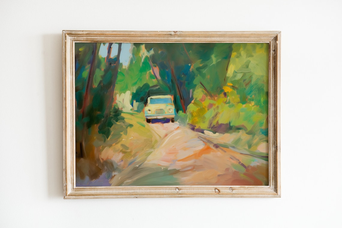 Retro Car Print, Green Summer Lake House Decor
