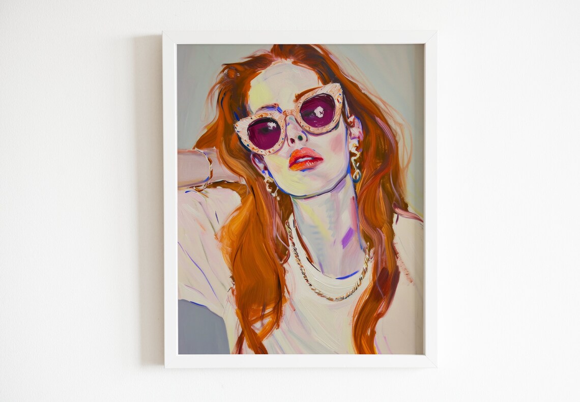 Red Haired Woman Purple Sunglasses Pop Art Portrait Painting Poster - Image 3