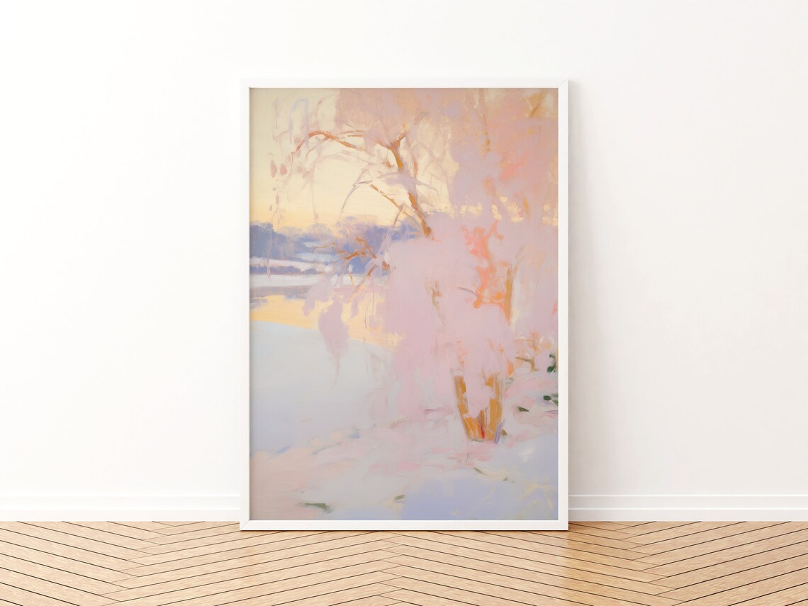 Pink Winter Lake Painting Holiday Christmas Art Print - Image 3