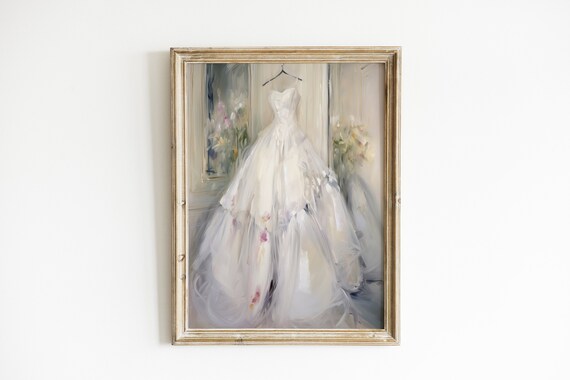 White Bridal Gown on Hanger Soft Floral Impressionist Painting Poster