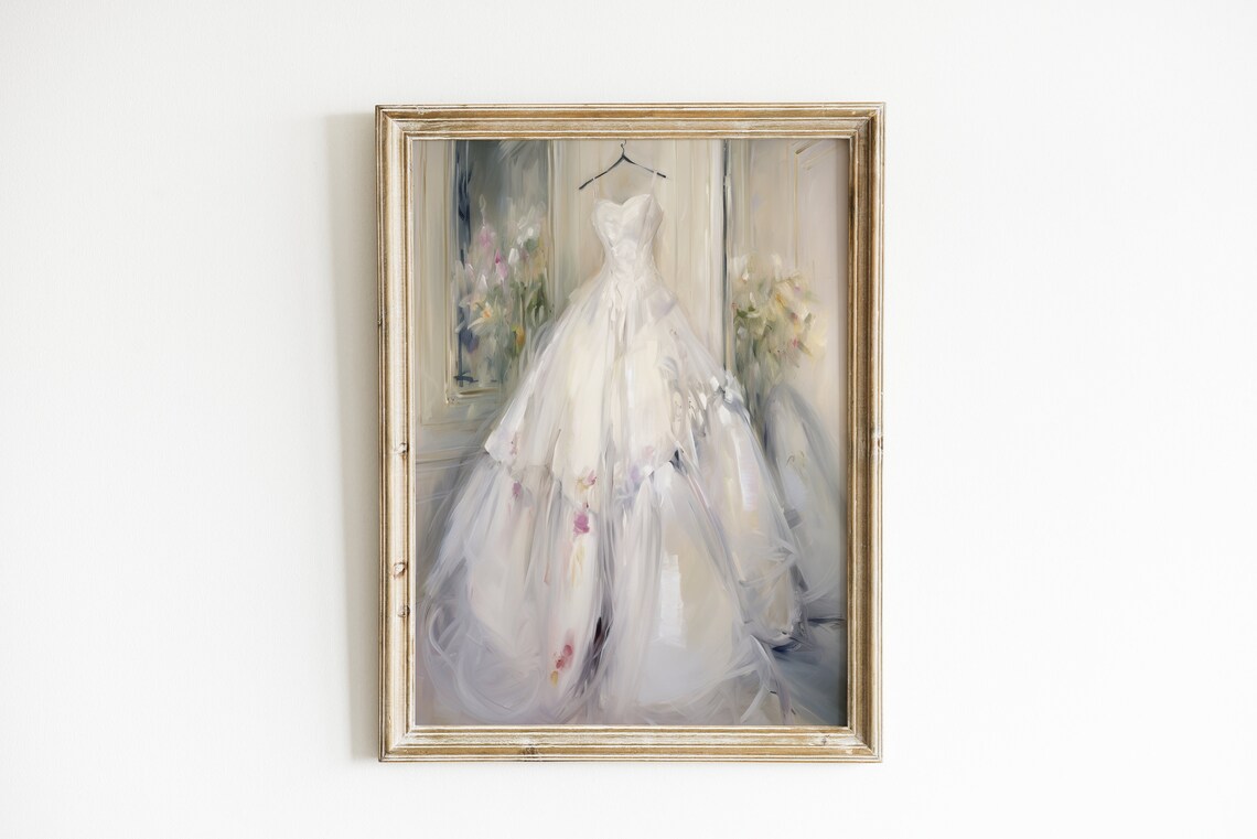 White Bridal Gown on Hanger Soft Floral Impressionist Painting Poster