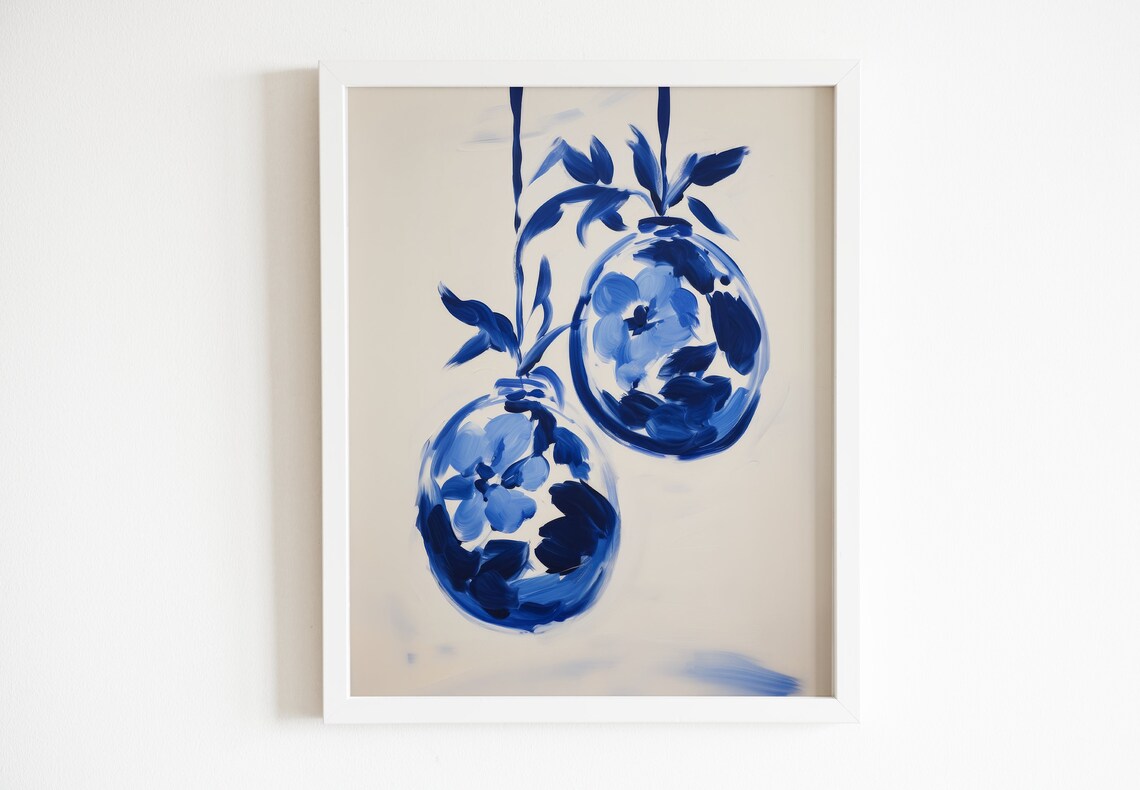 Blue And White Holiday Floral Ornament Art Print - Image 2