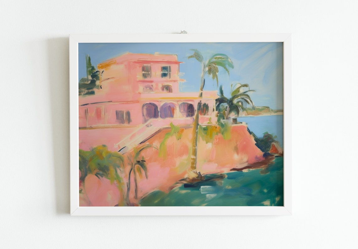 Dreamy Pink Cliffside Villa Palms Sea Watercolor Coastal Print - Image 2
