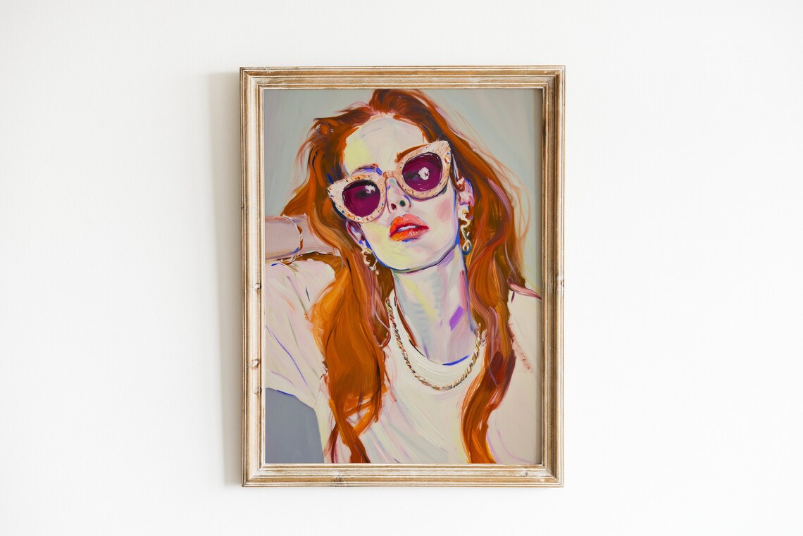 Red Haired Woman Purple Sunglasses Pop Art Portrait Painting Poster