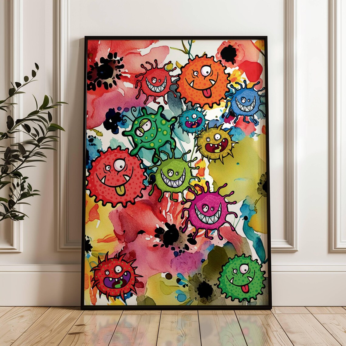 Smiling Cartoon Microbes Colorful Watercolor Microbiology Poster