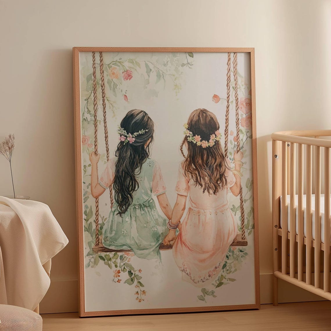 Traditional Indian Pakistani Art Indian Woman Painting Indian Sisters Art Best Friend Gift Punjabi Girls Watercolor Art Brown Girl Art - Image 4