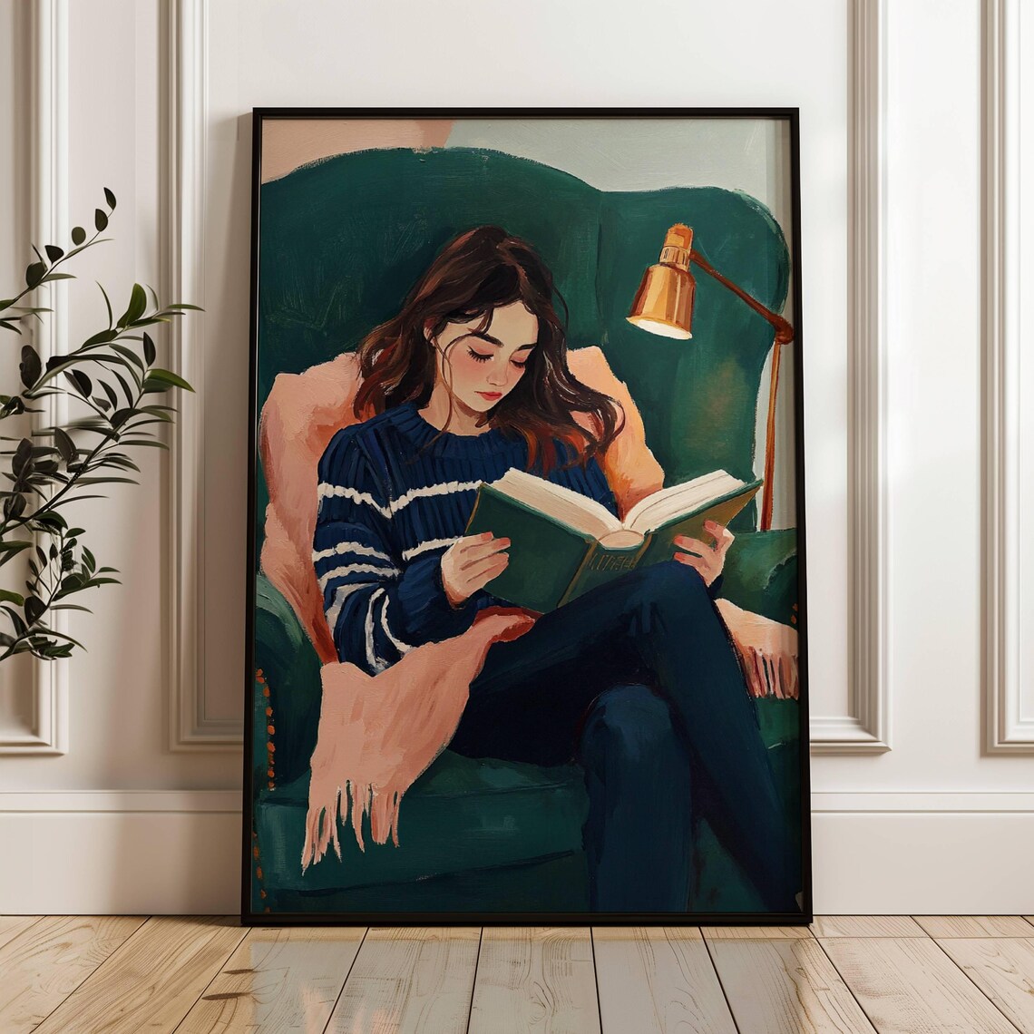 Modern Reading Woman, Minimalist Striped Art Print - Image 2