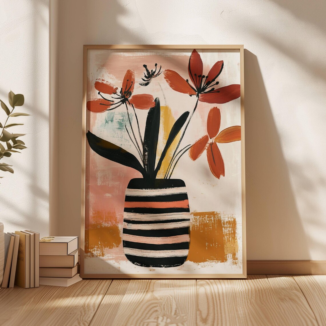 Orange Red Abstract Flowers in Striped Vase Modern Floral Art Poster