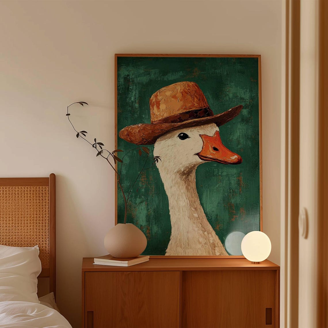 Goose Wearing Brown Hat Funny Portrait Green Background Poster - Image 2