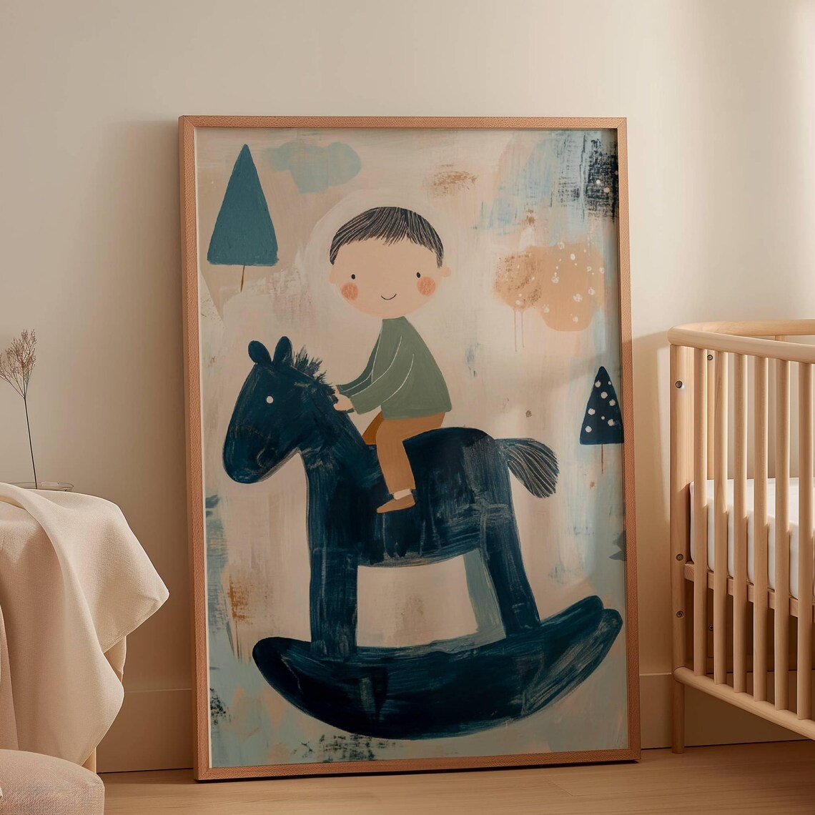 Boy Riding Navy Rocking Horse Nursery Kids Room Artwork Poster