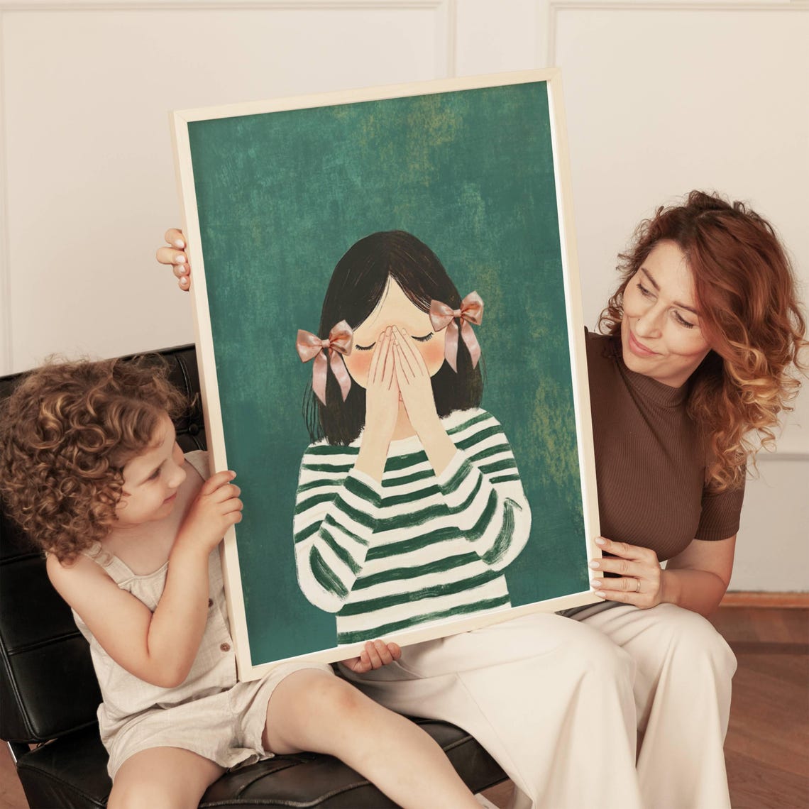 Girl With Pink Bows Covering Face Green Nursery Decor Poster - Image 3