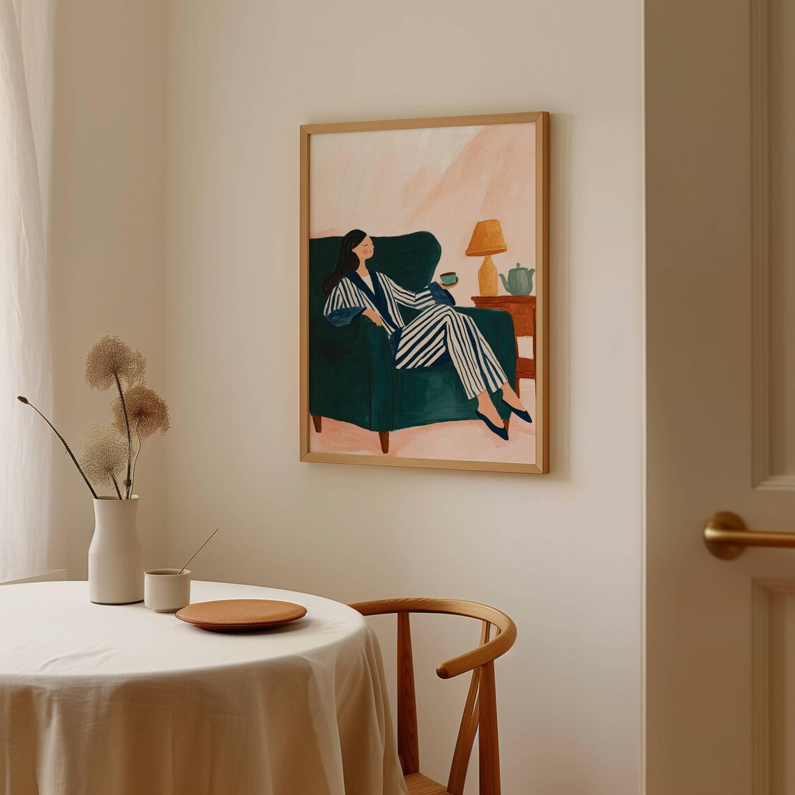 Woman Relaxing in Striped Pajamas Green Armchair Coffee Art Poster - Image 3