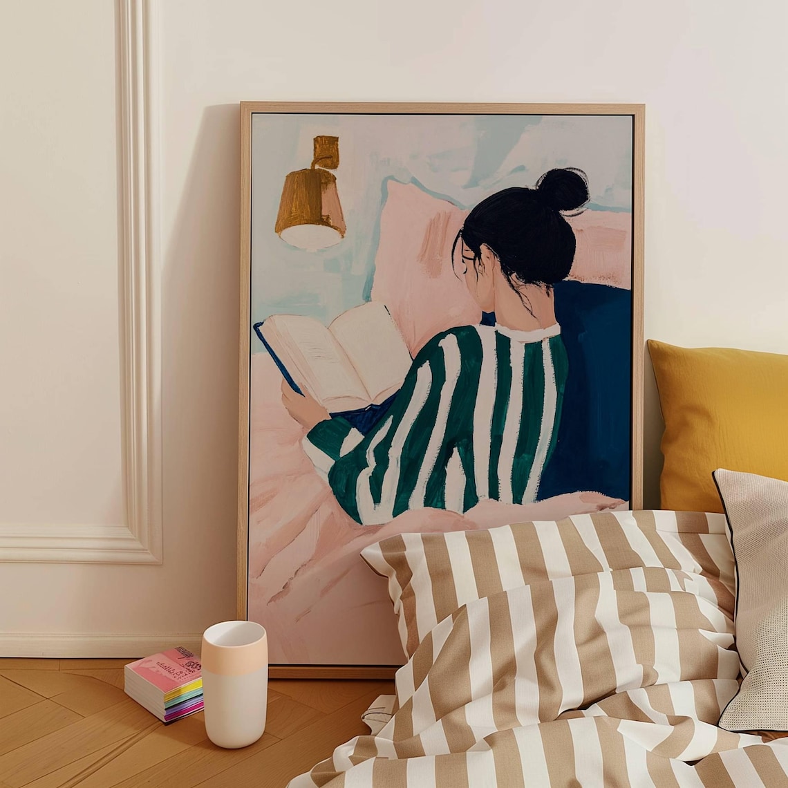 Woman Reading in Bed Cozy Book Lover Illustration Green Stripe Wall Art - Image 4