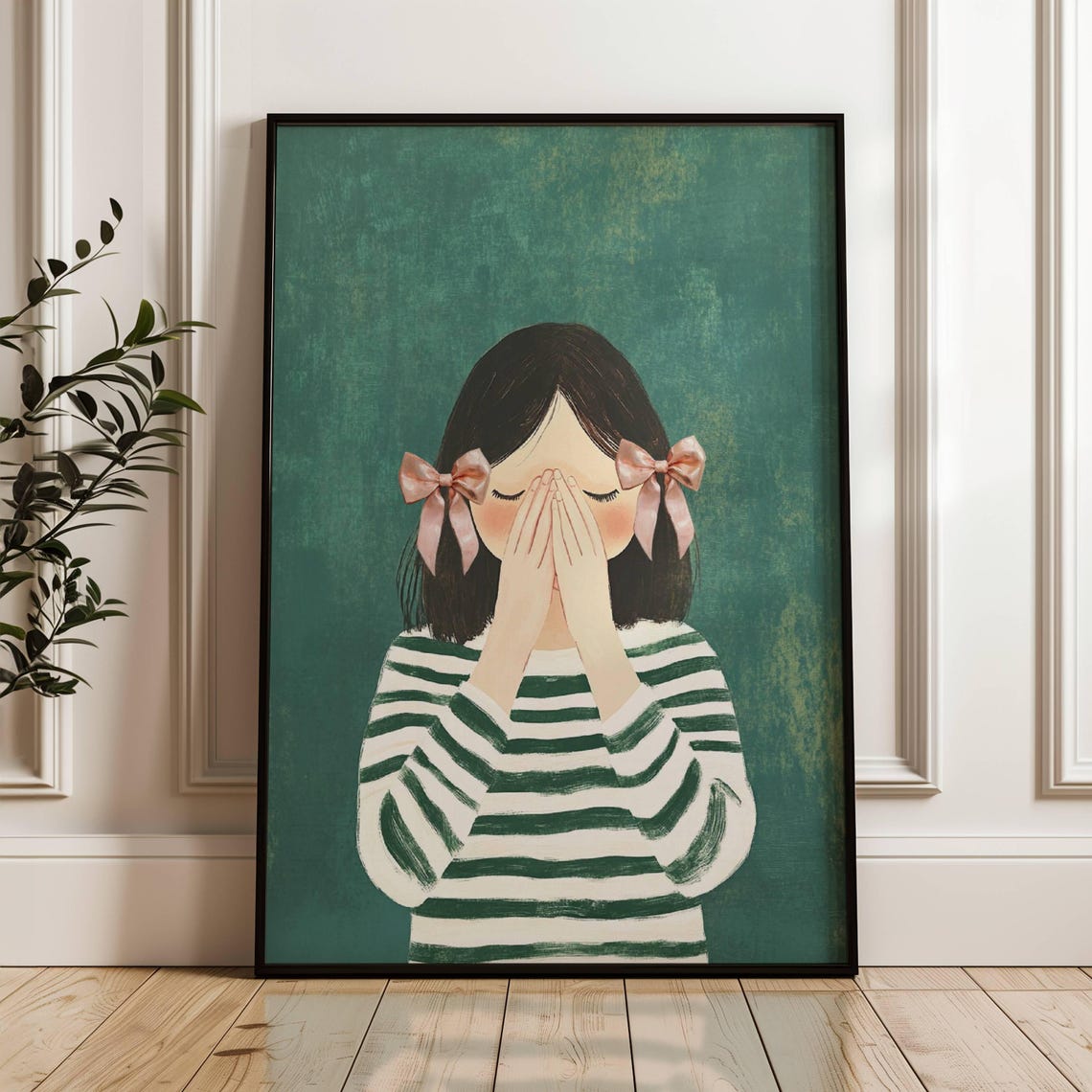 Girl With Pink Bows Covering Face Green Nursery Decor Poster