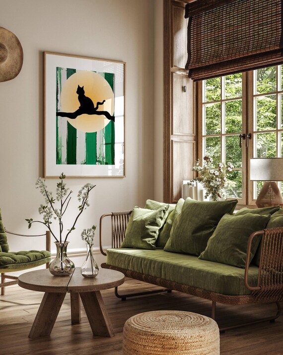 Black Cat Silhouette On Branch Before Full Moon Modern Green Stripe Poster