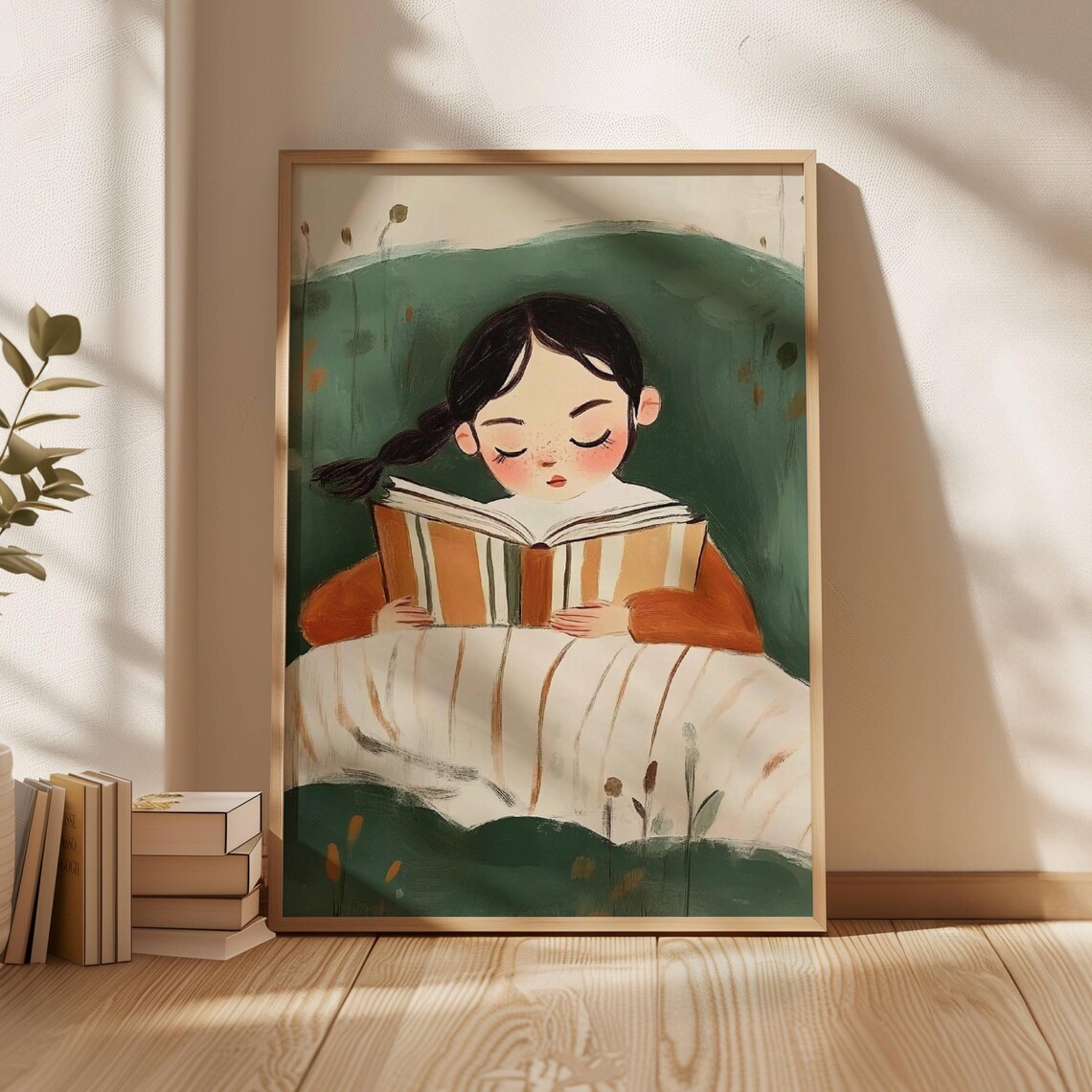 Girl Reading Book In Bed Cozy Green Watercolor Bookish Nursery Poster - Image 4