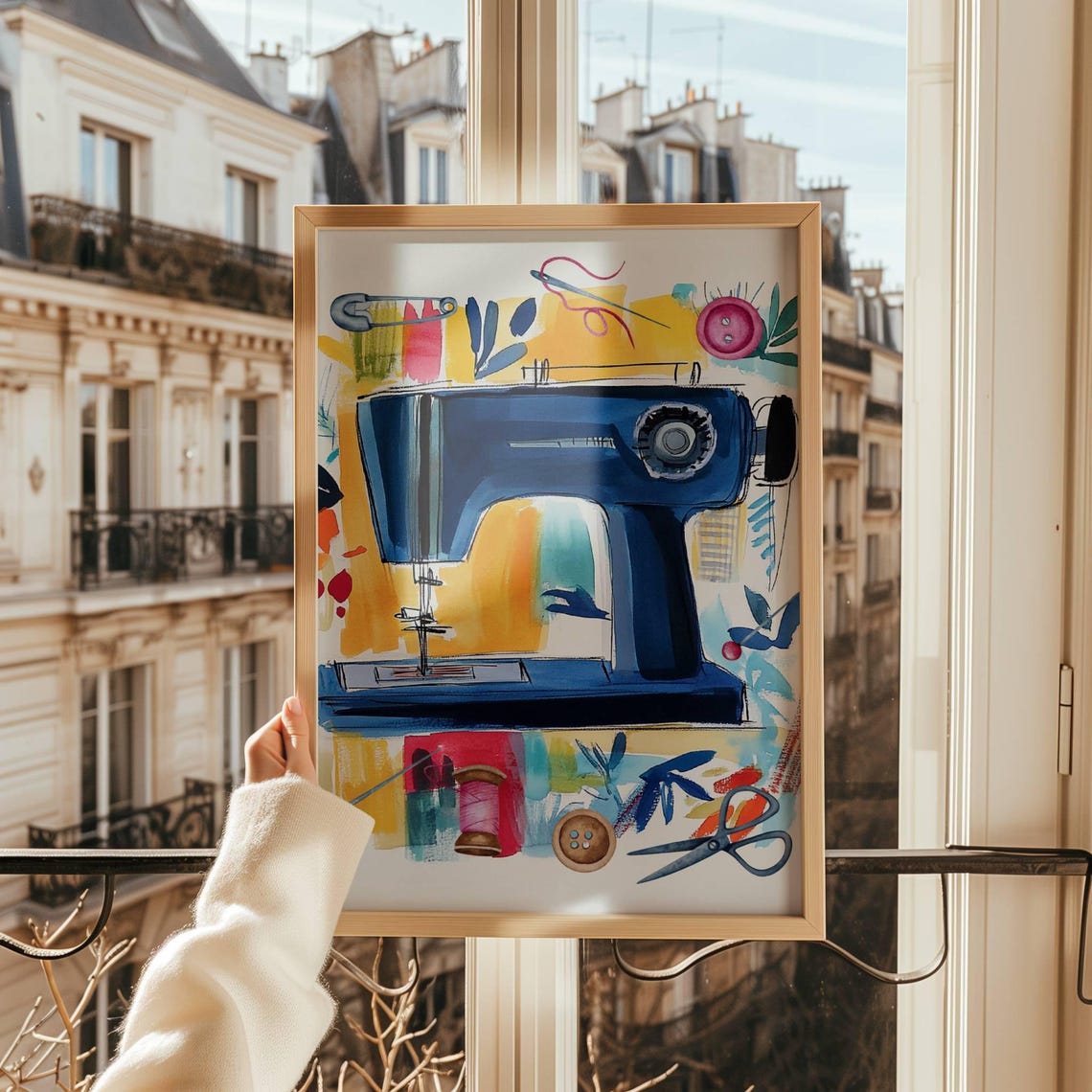 Blue Sewing Machine Notions Watercolor Craft Room Art Poster - Image 4
