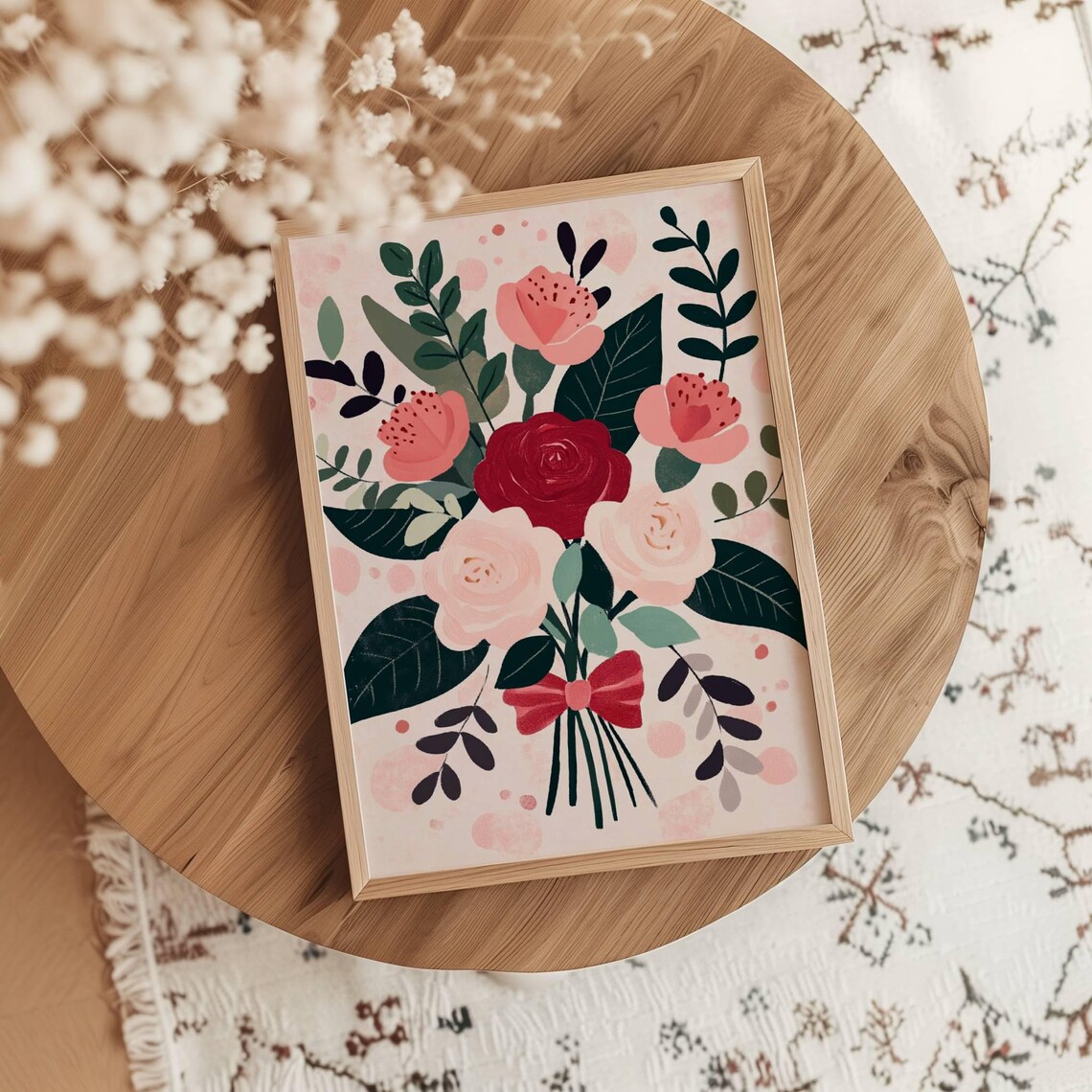 Rose Bouquet with Red Bow Girly Nursery Floral Decoration Art Poster - Image 3
