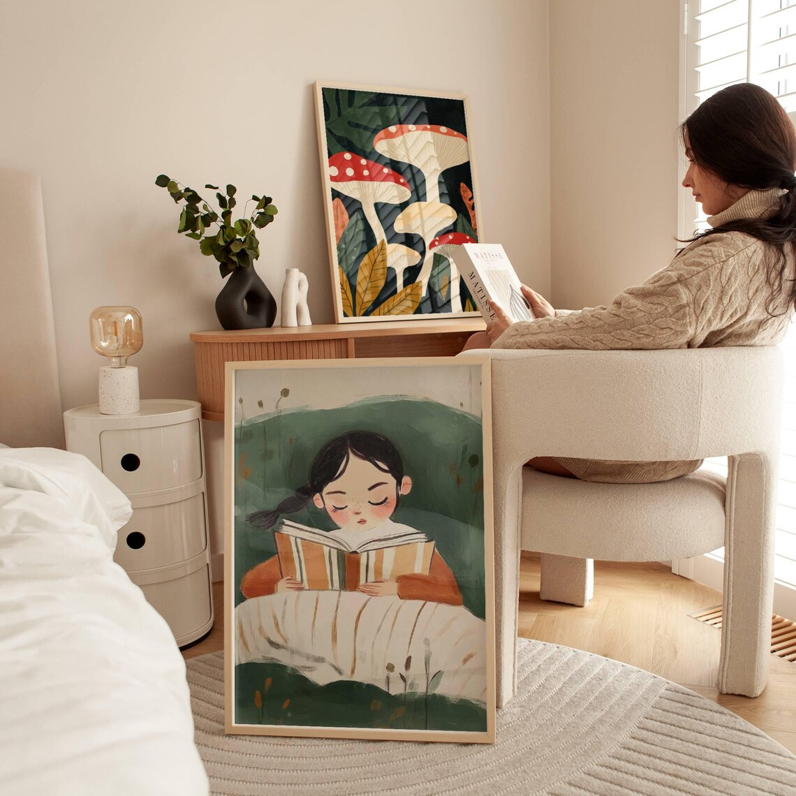 Girl Reading Book In Bed Cozy Green Watercolor Bookish Nursery Poster - Image 2