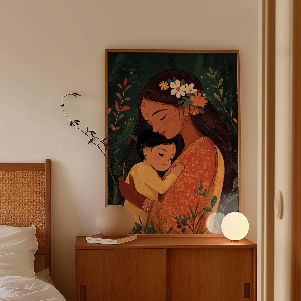 Indian Mother Holding Child Orange Sari Floral Watercolor Poster - Image 3