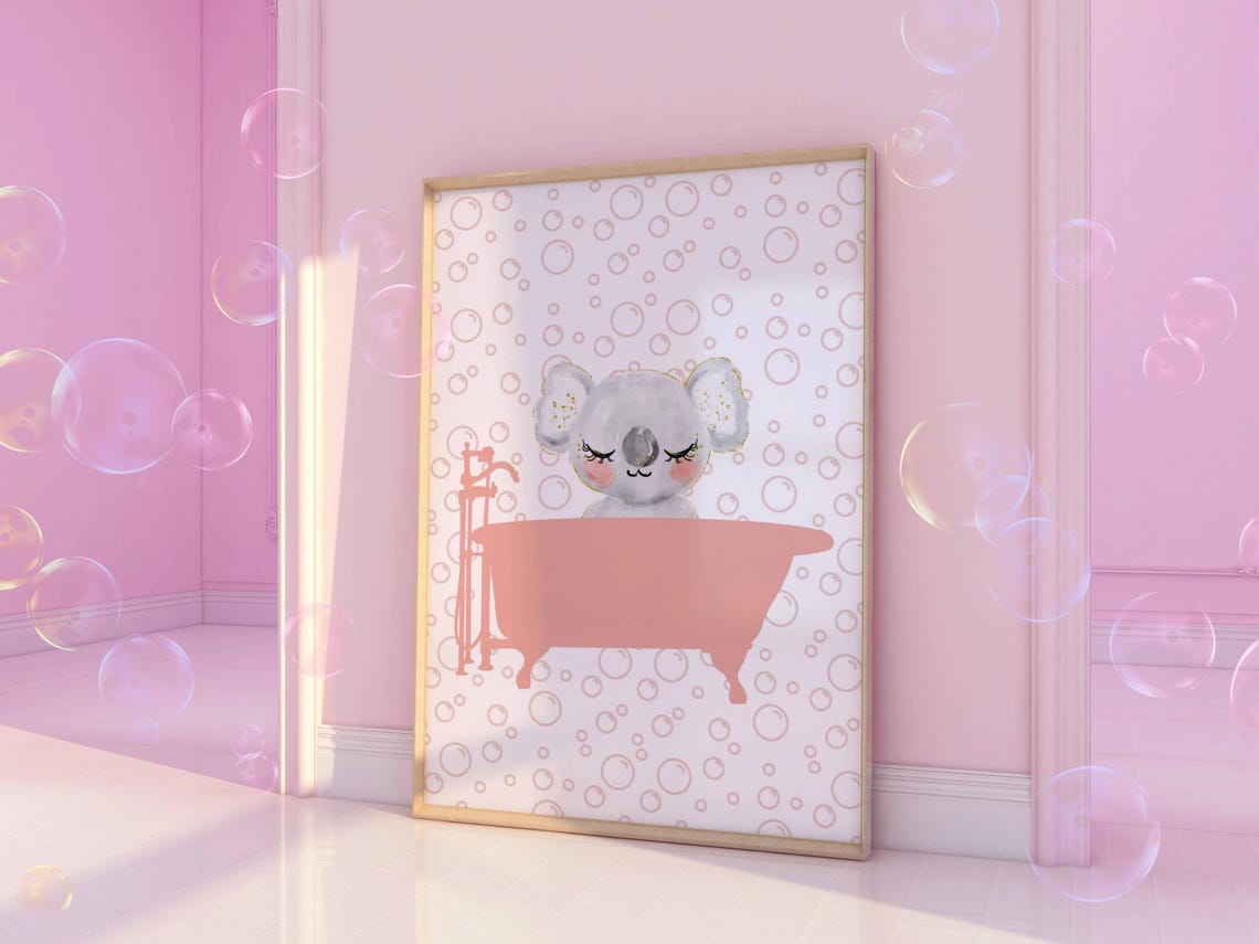 Cute Koala In Pink Bathtub Watercolor Bubbles Kids Bathroom Poster - Image 2