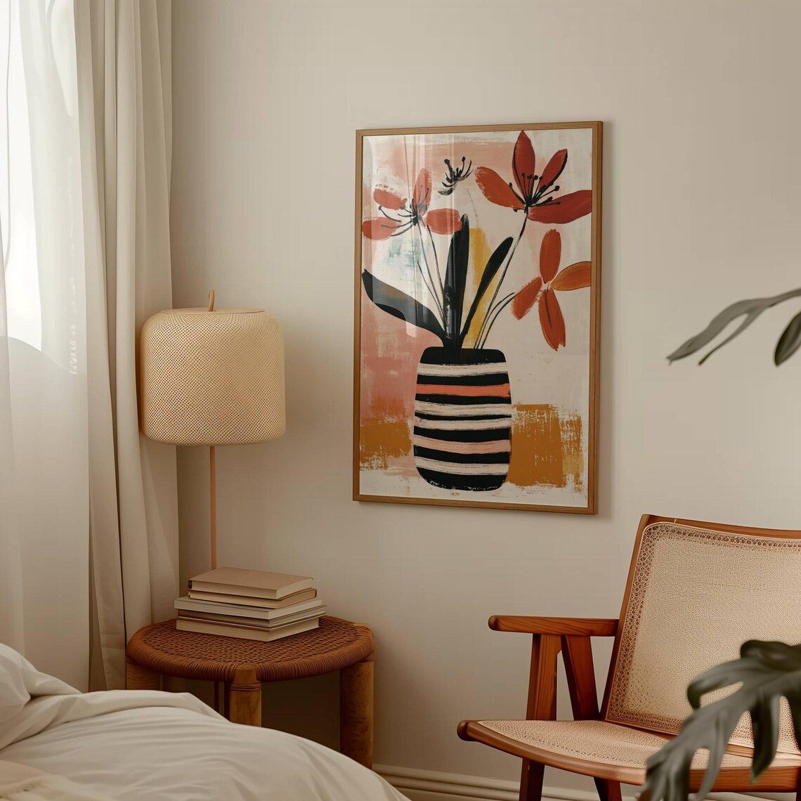 Orange Red Abstract Flowers in Striped Vase Modern Floral Art Poster - Image 2