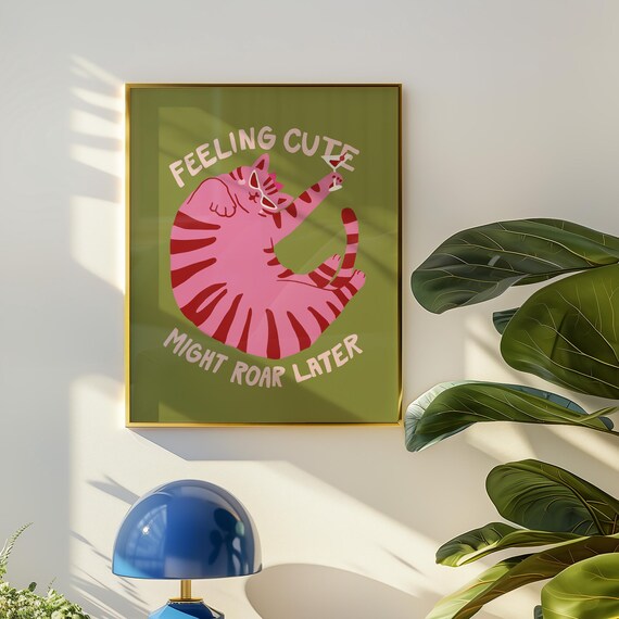 Pink Tiger Wall Art Home Decor Quirky Print Cocktail Bar Funky Maximalist Poster Cute