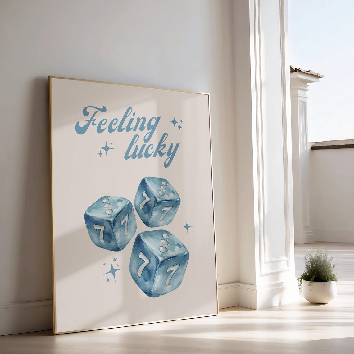 Feeling Lucky Blue Watercolor Dice Sevens Retro Casino Poster - Image 3