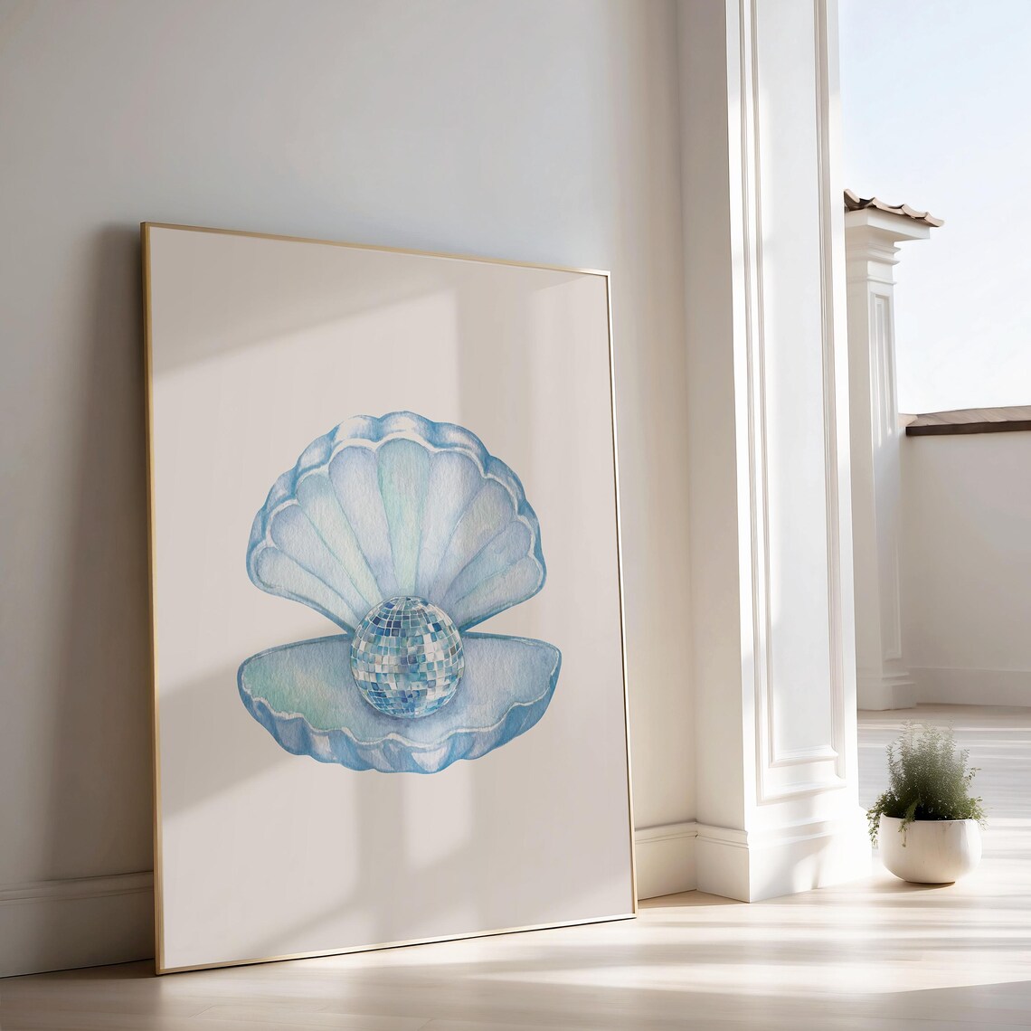 Disco Ball Pearl Clam Shell Watercolor Coastal Beach Trendy Decor Poster - Image 2