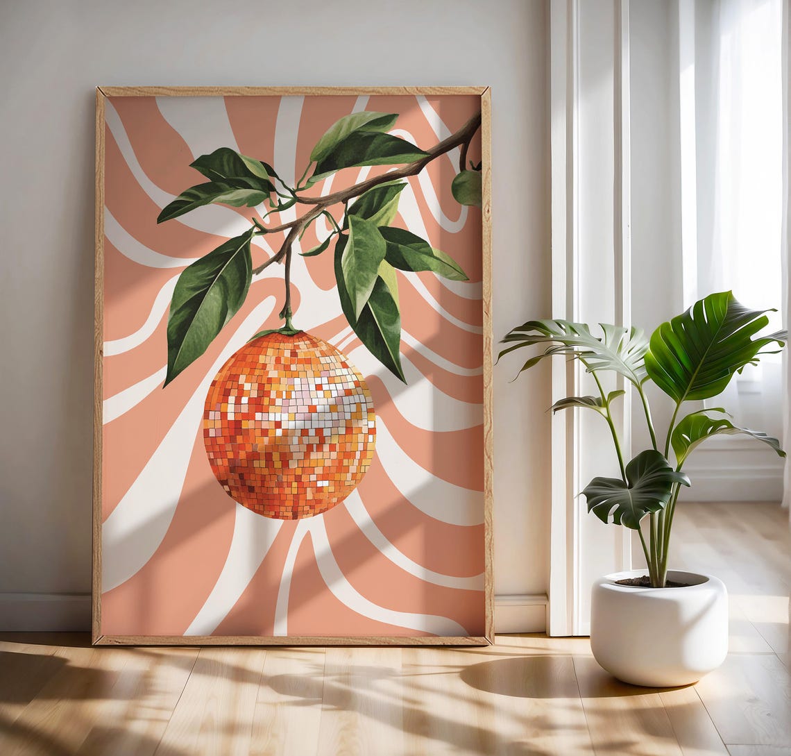 Orange Disco Ball Hanging Fruit Poster Retro Citrus Decor Art - Image 3