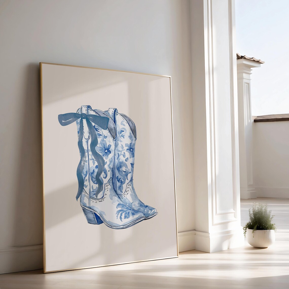 Blue Floral Cowboy Boots Bow Watercolor Western Fashion Poster - Image 2