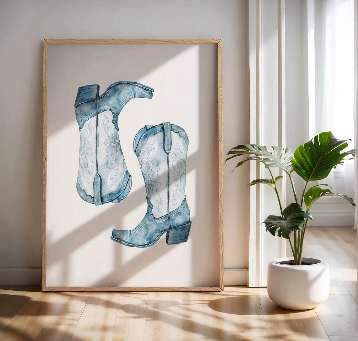 Blue Watercolor Cowgirl Boots Western Pair Illustration Poster - Image 3
