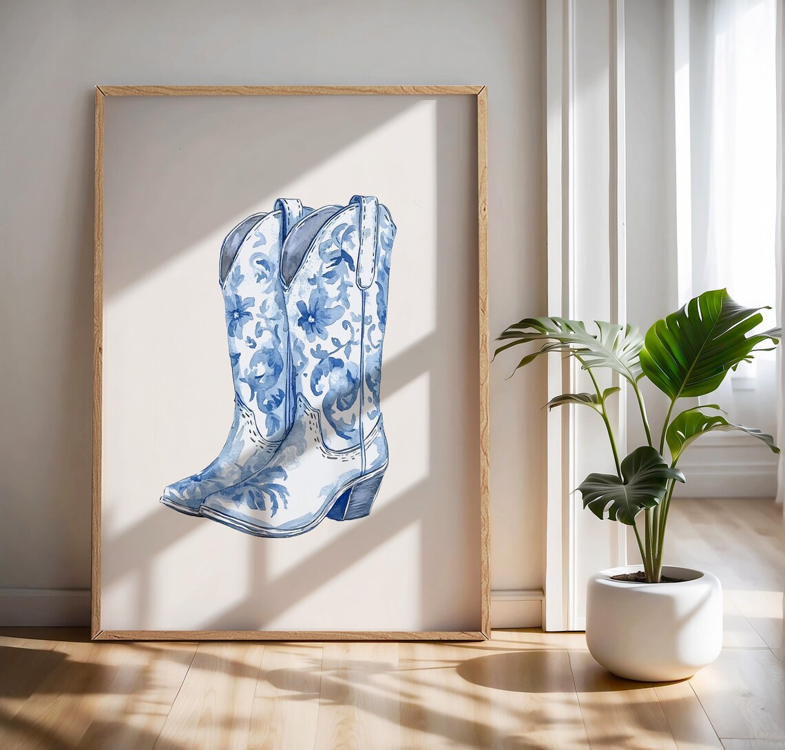 Chinoiserie Cowgirl Boot Print Blue Western Room Decor Cowgirl Wall Art Chinoiserie Wall Art Preppy Room Decor Trendy Blue Prints - Image 3