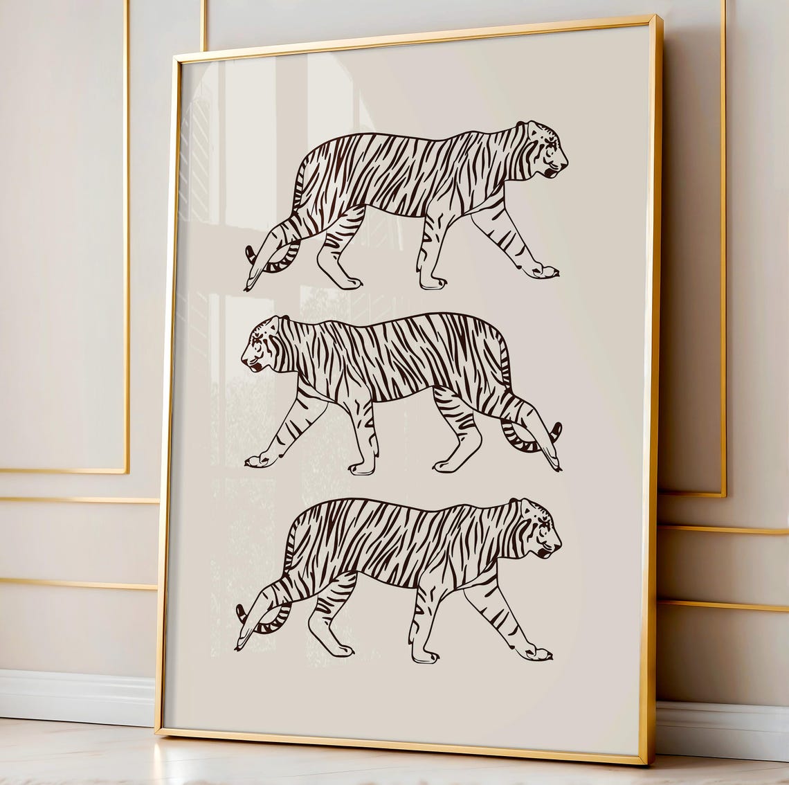 Three Black Line Art Tigers Minimalist Walking Tiger Study Poster - Image 4