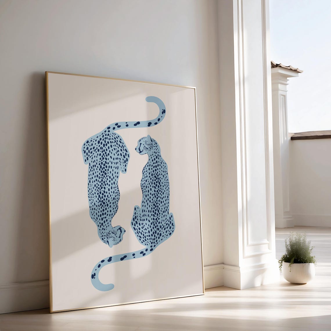 Blue Leopard Pair Stylized Spotted Big Cats Minimalist Poster