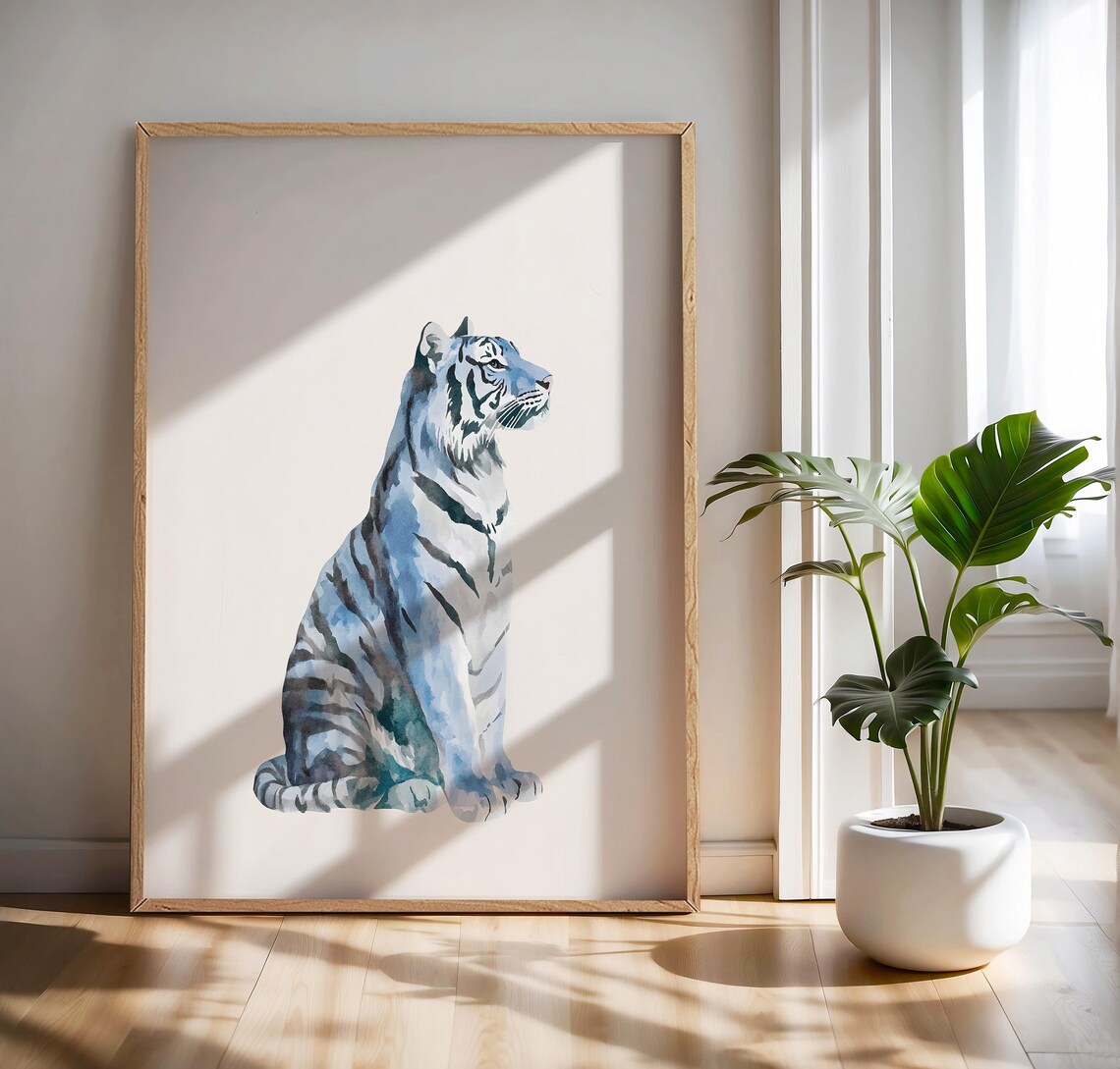 Blue Watercolor Tiger Sitting Wild Animal Minimalist Cream Background Poster - Image 3