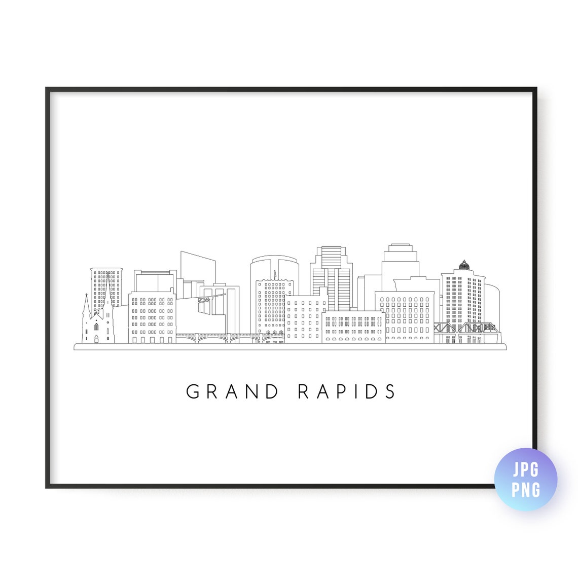 Grand Rapids Skyline Print City Line Art Instant Wall Jpg Png